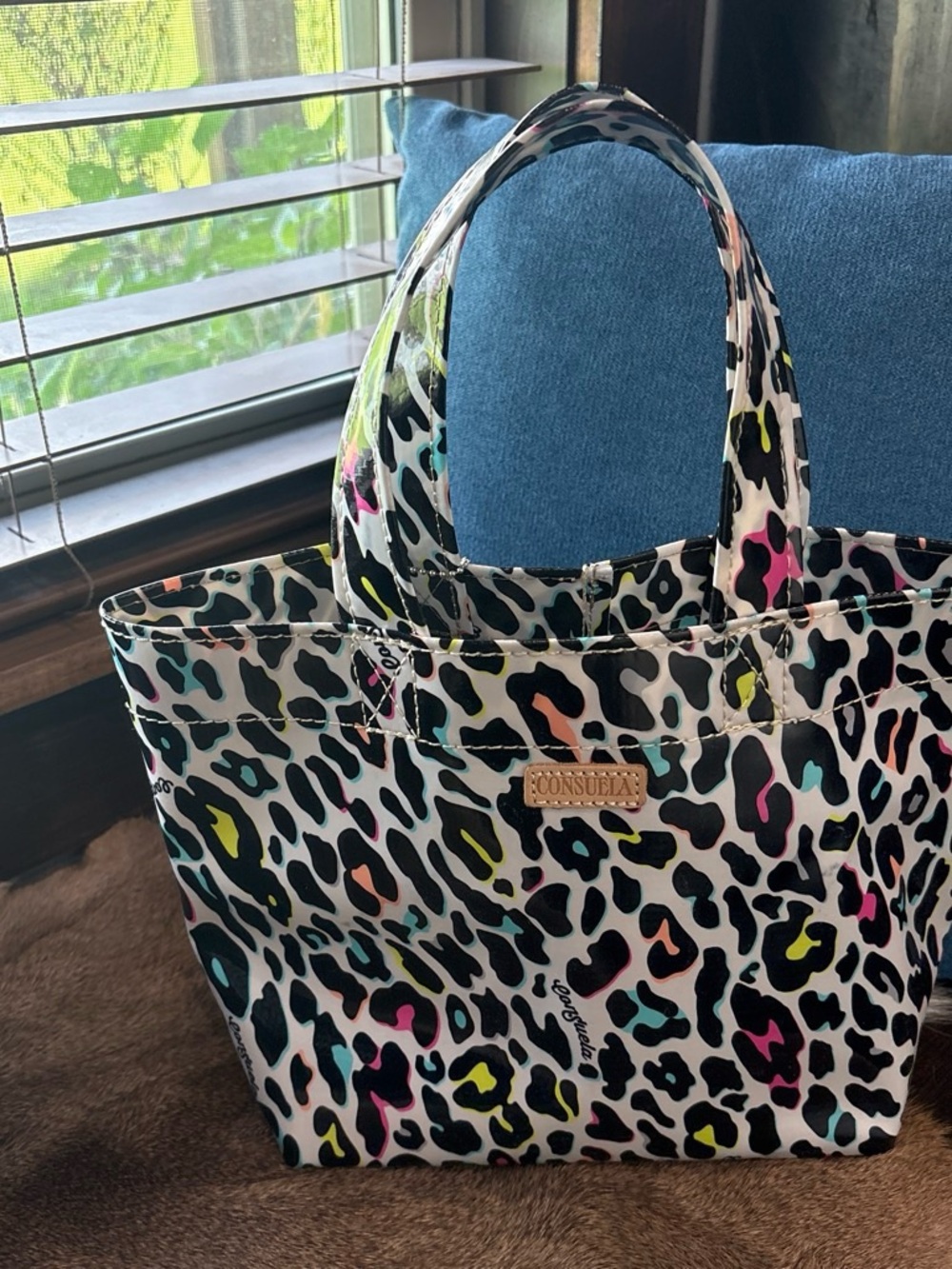 Consuela Neon Leopard Print Tote in Black, Pink, Yellow, Blue
